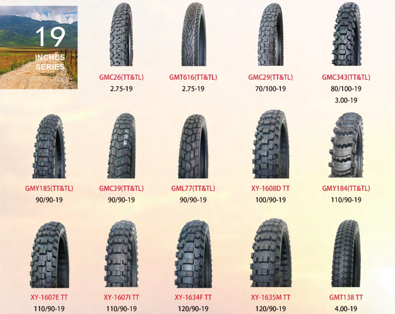 Catálogo de neumáticos para moto de 19 pulgadas: variedad de modelos y medidas para diferentes tipos de conducción.