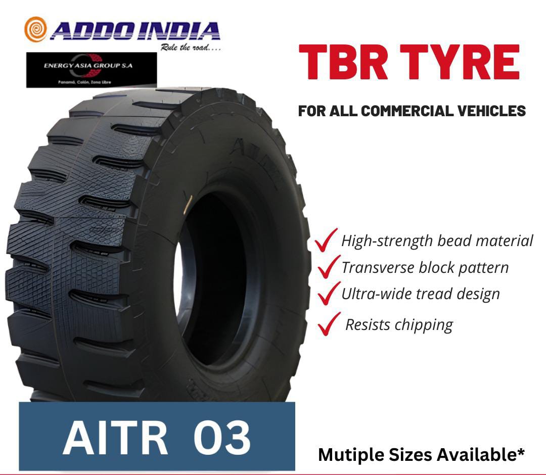 Neumático TBR AITR 03 de ADDO INDIA para vehículos comerciales, con diseño de bloque transversal y alta resistencia.